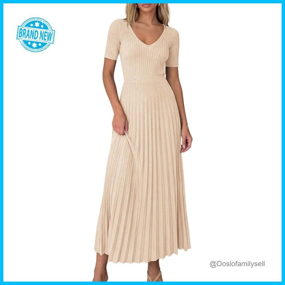 V-Neck Ribbed Knit Midi Dress Elegant Pleated A-Line Summer Casual